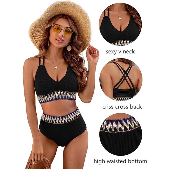 High Waisted Bathing Suits Ribbed Two Piece Bikini Set V-Neck Push Up, SM, Black - Picture 4 of 10